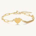 Vilrian gold plated stainless steel asymmetric heart charm paperclip and curb chain bracelet