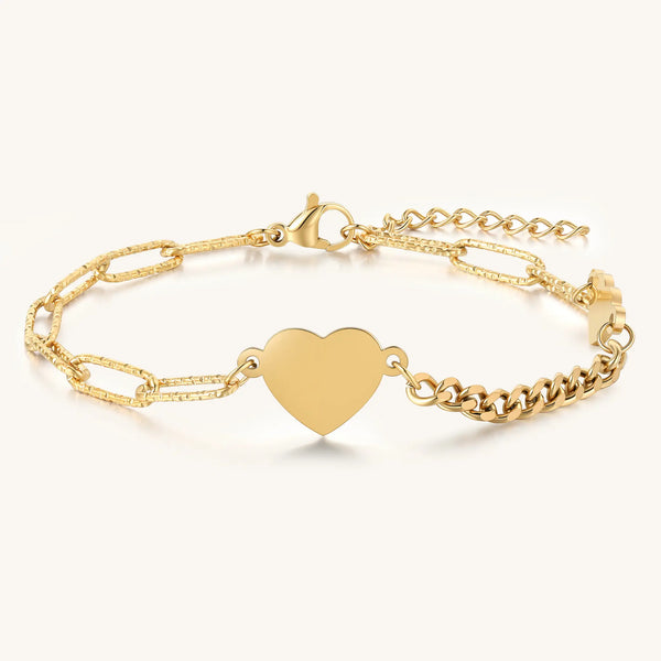 Vilrian gold plated stainless steel asymmetric heart charm paperclip and curb chain bracelet