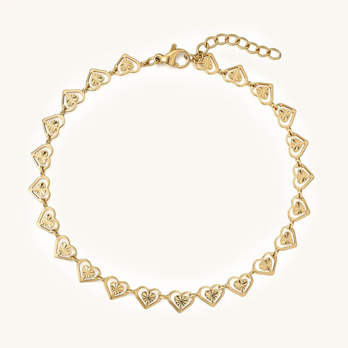 Vilrian gold plated stainless steel cutout heart link bracelet with sunburst textured engraving