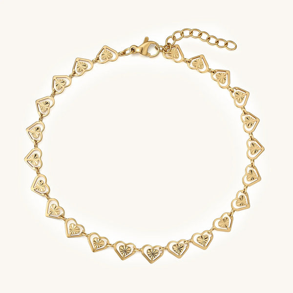 Vilrian gold plated stainless steel cutout heart link bracelet with sunburst textured engraving