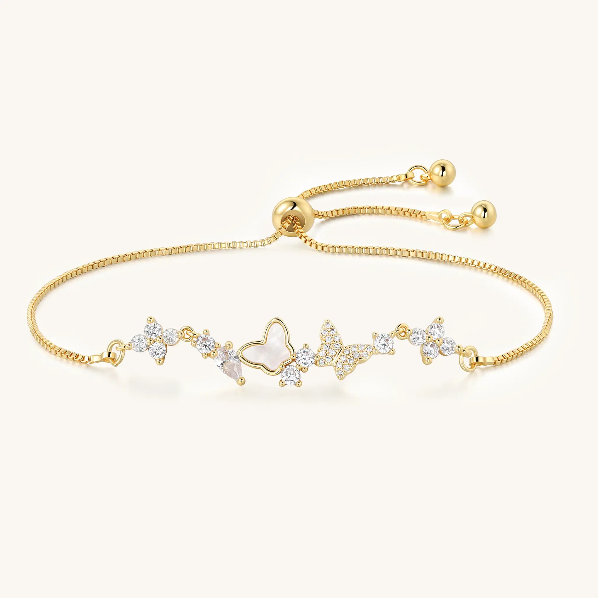 Vilrian gold butterfly bolo bracelet with cubic zirconia and adjustable slider closure