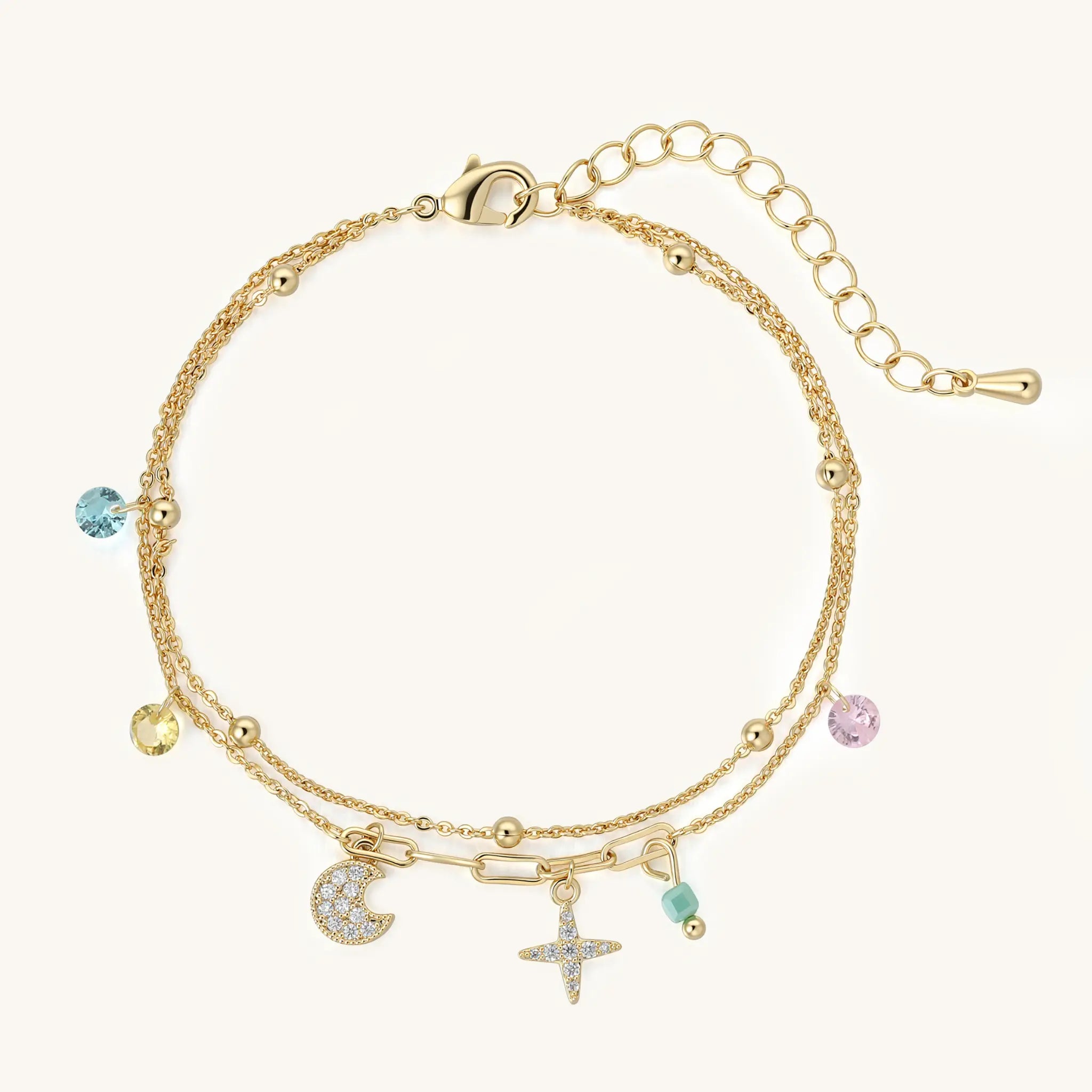 Vilrian gold celestial double layered charm bracelet with cubic zirconia moon and star