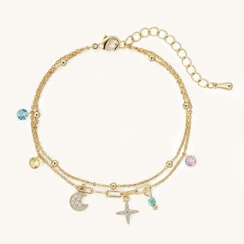 Vilrian gold celestial double layered charm bracelet with cubic zirconia moon and star