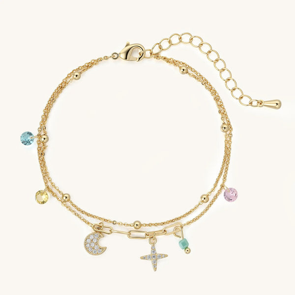 Vilrian gold celestial double layered charm bracelet with cubic zirconia moon and star