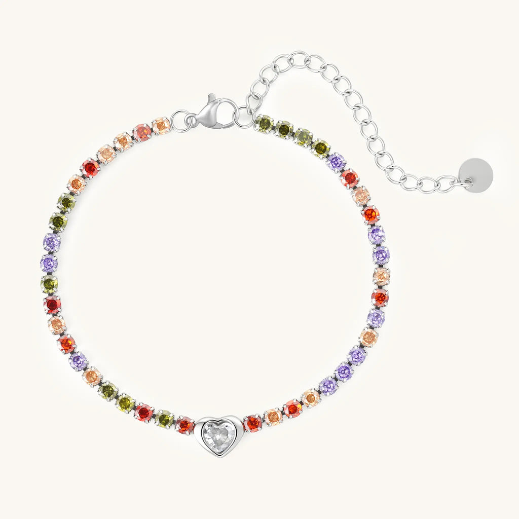 Vilrian stainless steel rainbow colorful cubic zirconia tennis bracelet with clear heart center gem