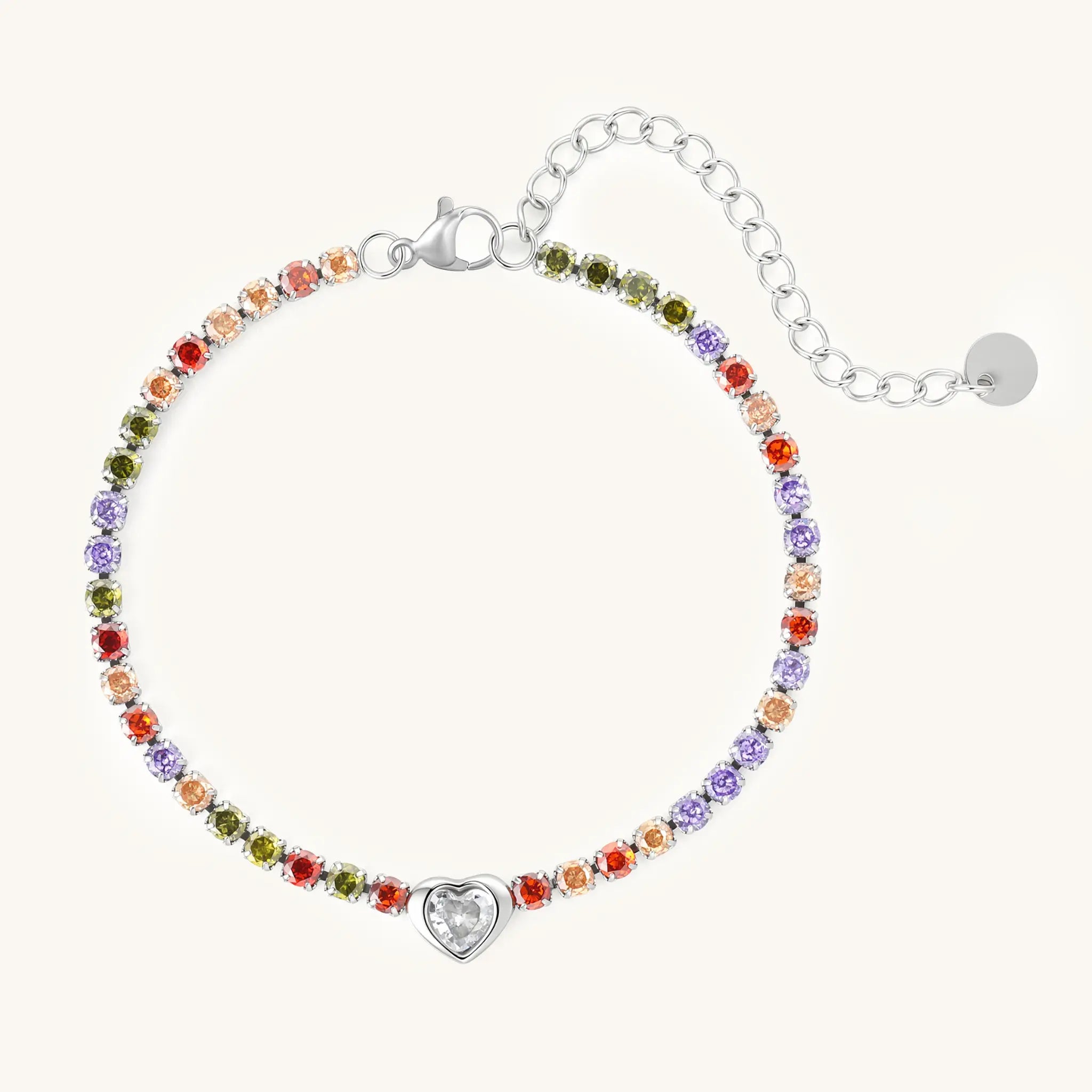 Vilrian stainless steel rainbow colorful cubic zirconia tennis bracelet with clear heart center gem